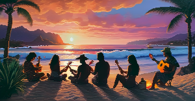 A Hawaiian beach at sunset with people playing ukuleles around a bonfire, surrounded by palm trees and colorful sky.