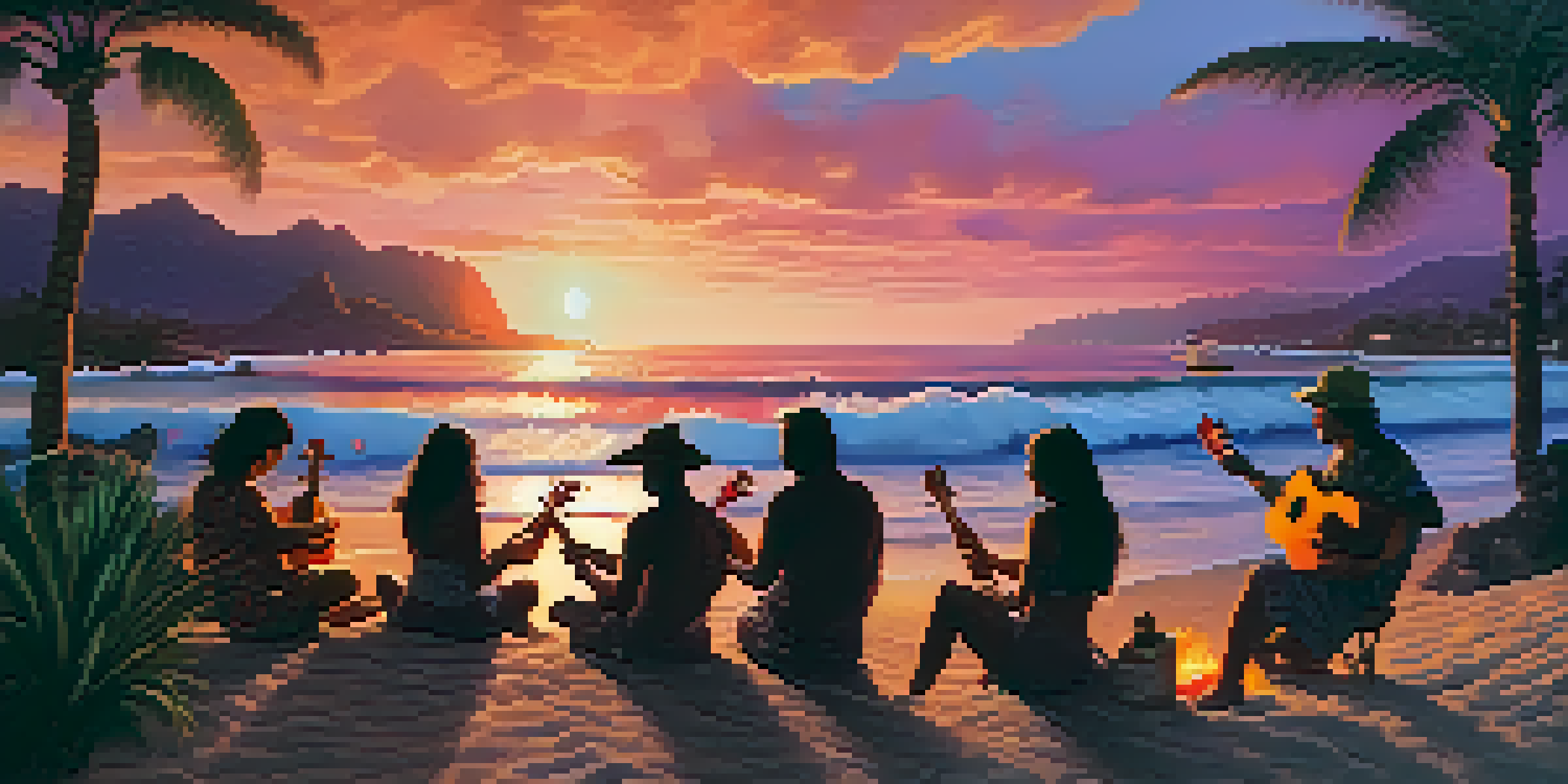 A Hawaiian beach at sunset with people playing ukuleles around a bonfire, surrounded by palm trees and colorful sky.