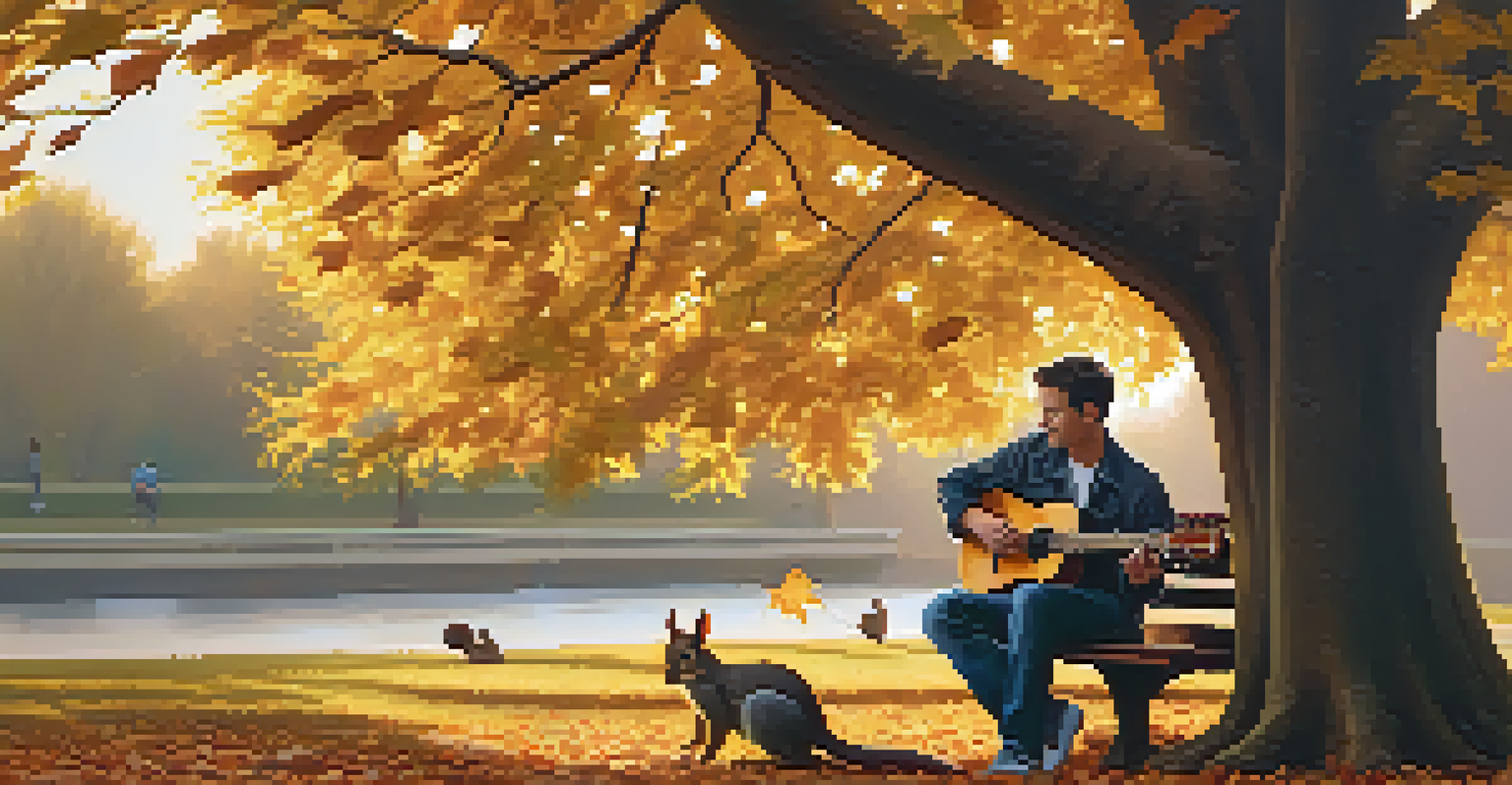A musician playing ukulele on a park bench under a tree, with falling leaves and squirrels nearby.