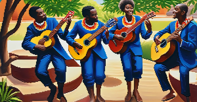 A diverse group of African musicians joyfully playing ukuleles and traditional instruments in a sunlit park, surrounded by greenery and colorful fabrics.