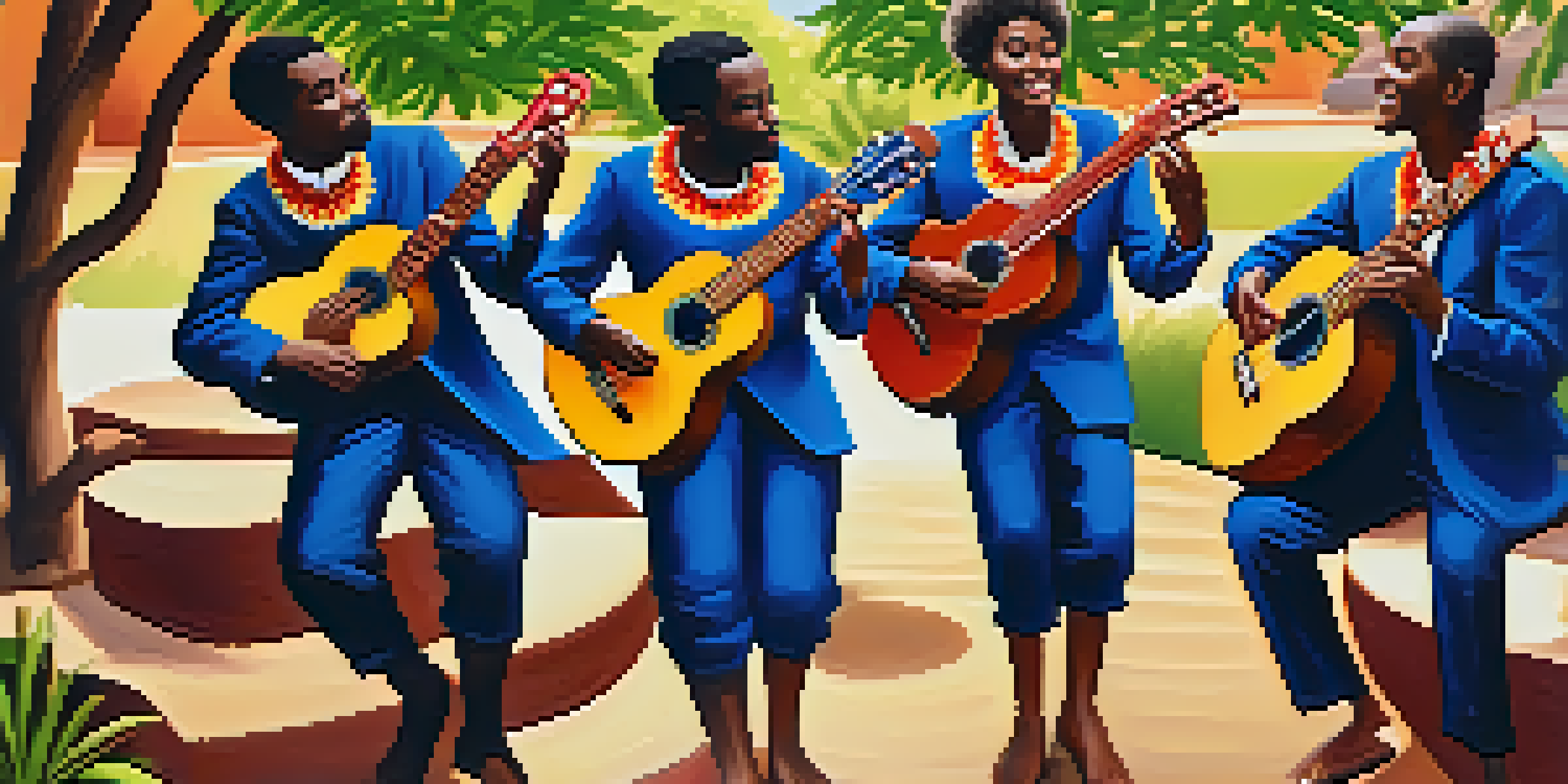 A diverse group of African musicians joyfully playing ukuleles and traditional instruments in a sunlit park, surrounded by greenery and colorful fabrics.