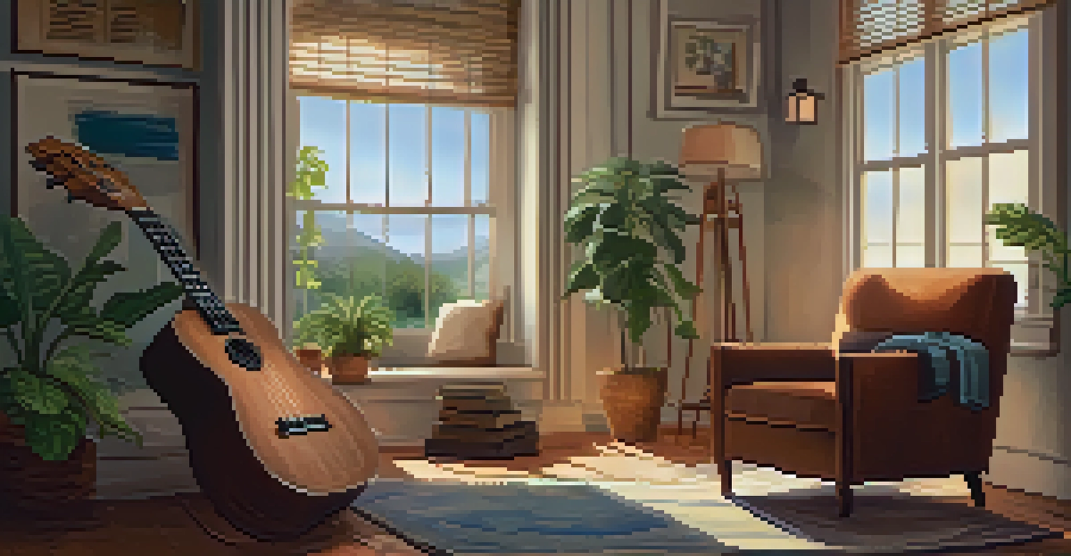 A ukulele beside an armchair, with song lyrics on a side table, in a cozy indoor setting.