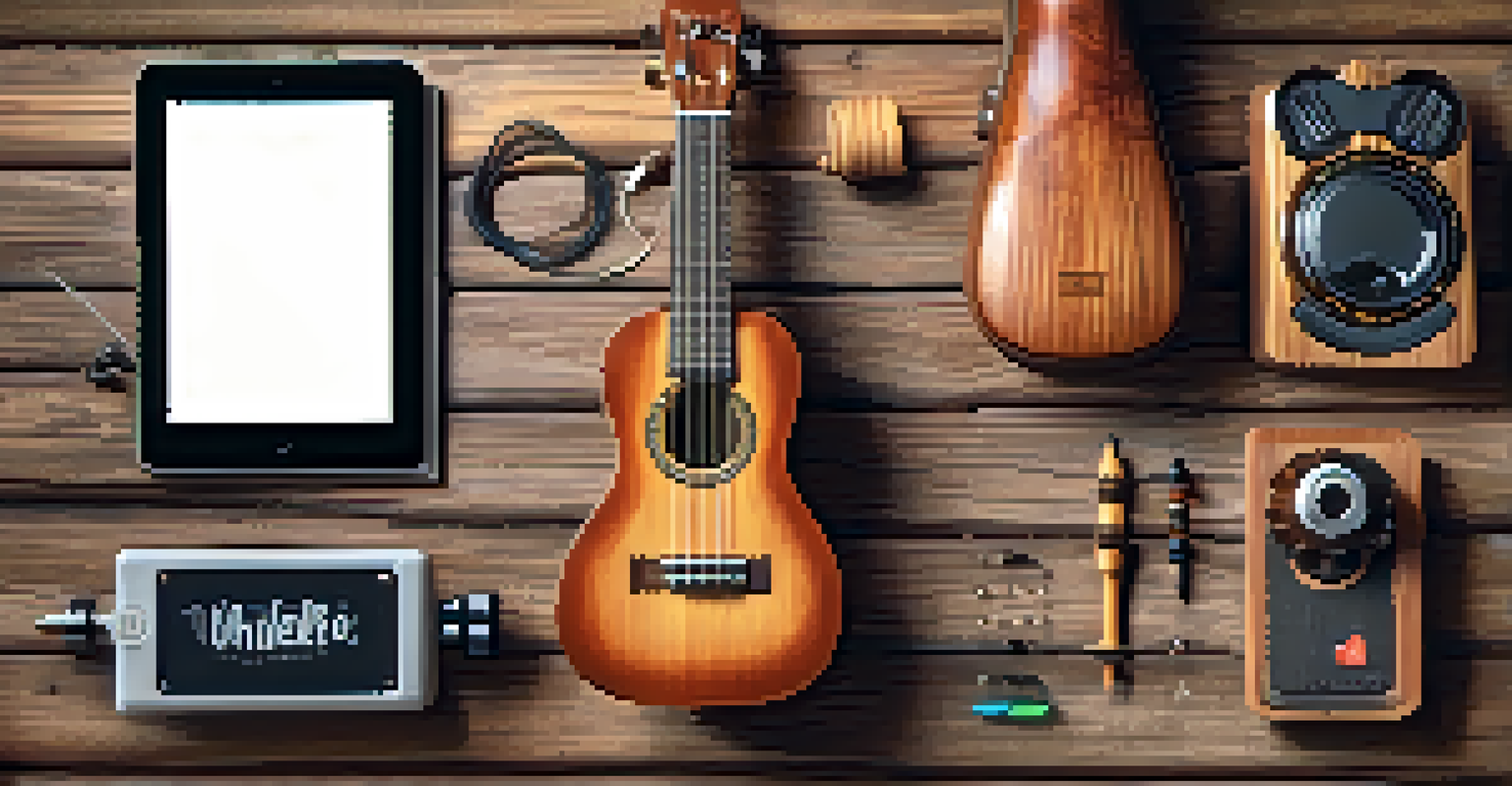 A flat lay of ukulele tuning tools including a digital tuner, smartphone, and metronome on a rustic wooden surface, with soft morning light illuminating the scene.