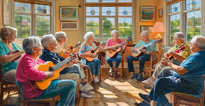 A group of elderly musicians in a bright workshop, playing ukuleles and sharing chord charts in a cozy atmosphere.