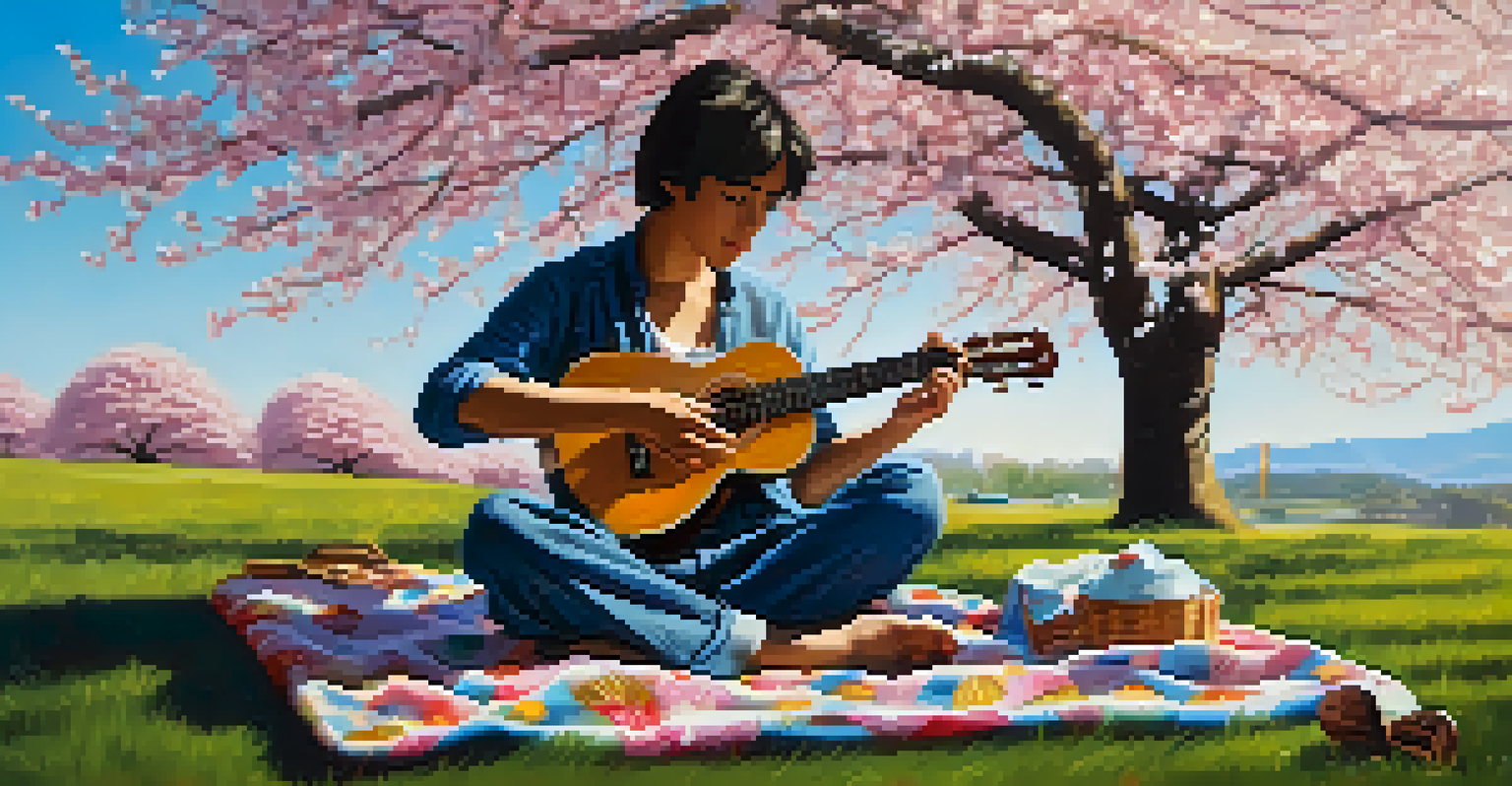 A musician playing the ukulele under a cherry blossom tree, sitting on a picnic blanket, with petals floating around in a bright outdoor scene.