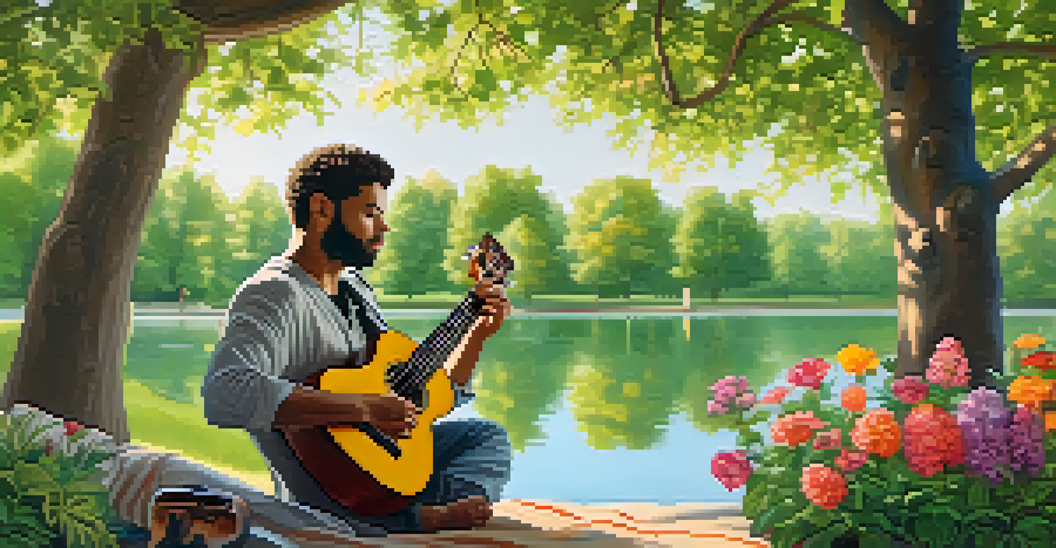 A musician playing an acoustic ukulele in a park, surrounded by green trees and colorful flowers, showing concentration.