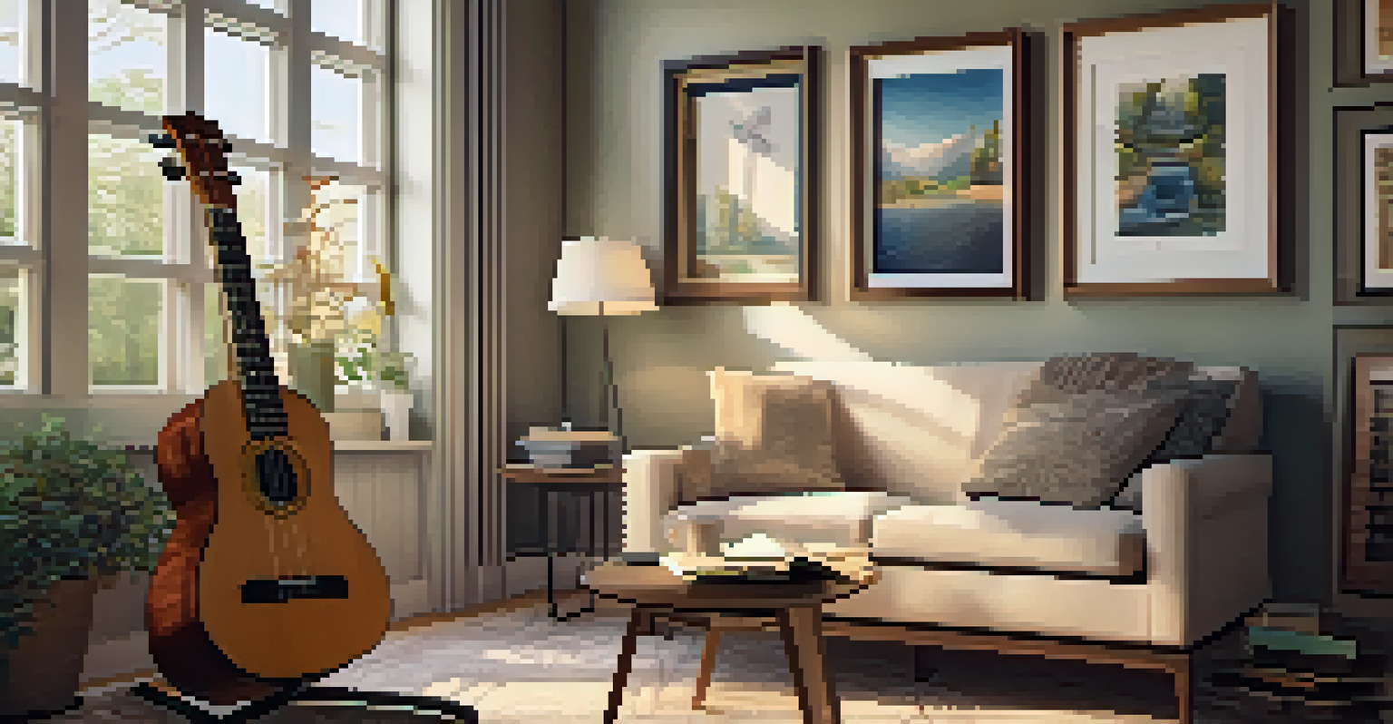A ukulele next to a cozy armchair with music sheets and a cup of tea in a warmly lit room.