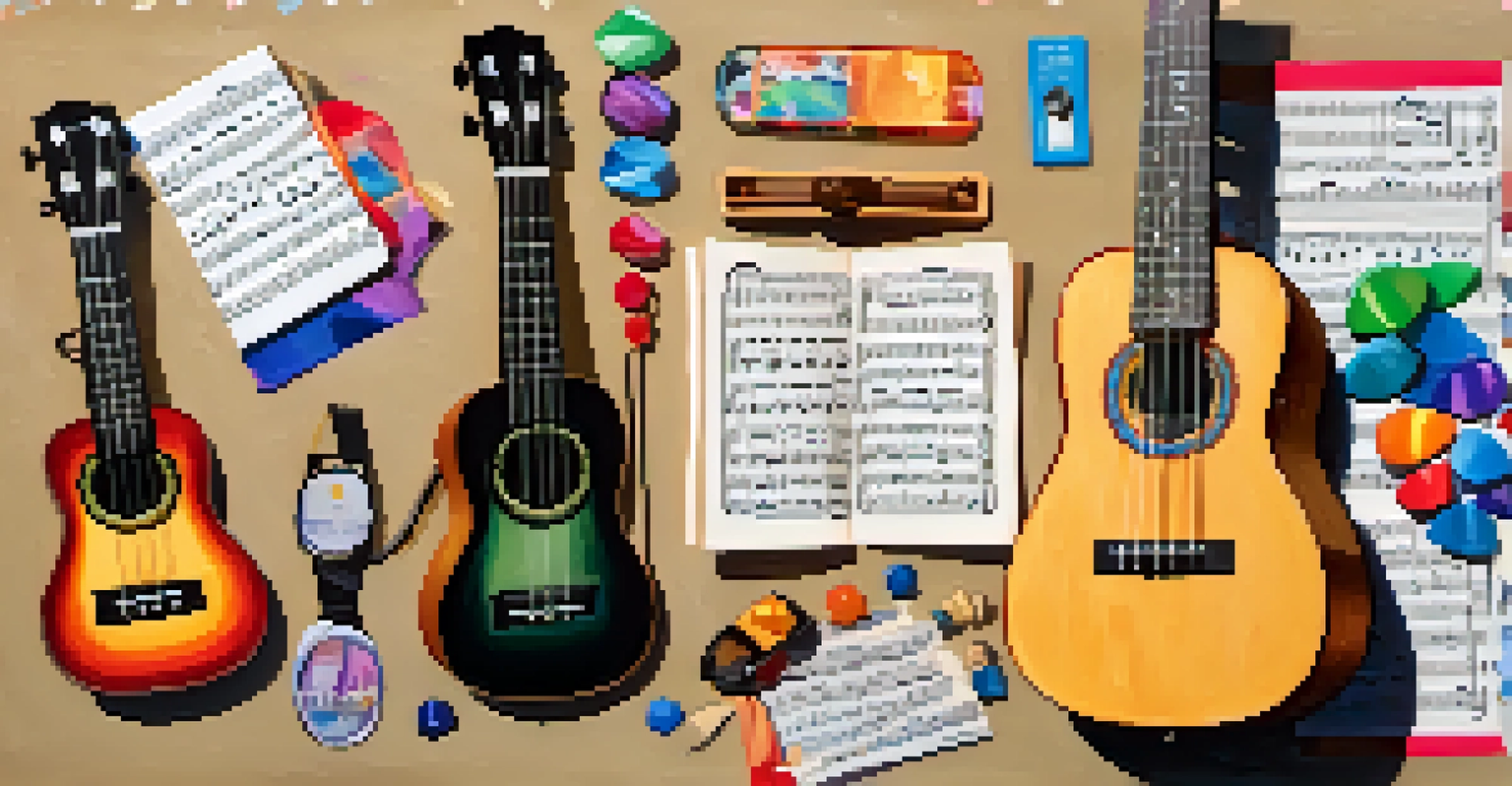 A flat lay of ukulele accessories including fingerpicks, a tuner, and colorful sheet music.