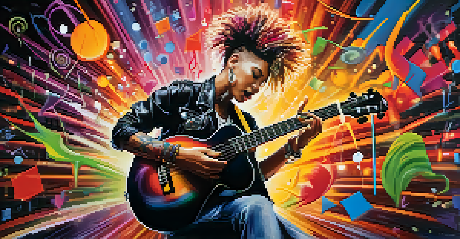 A punk rock singer playing a colorful ukulele on stage, surrounded by vibrant graffiti and musical notes.