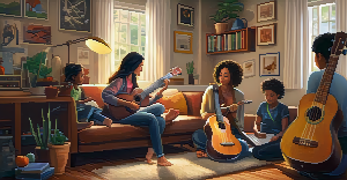 A diverse group of people learning ukulele together online in a cozy home setting, highlighting a warm and inviting atmosphere.
