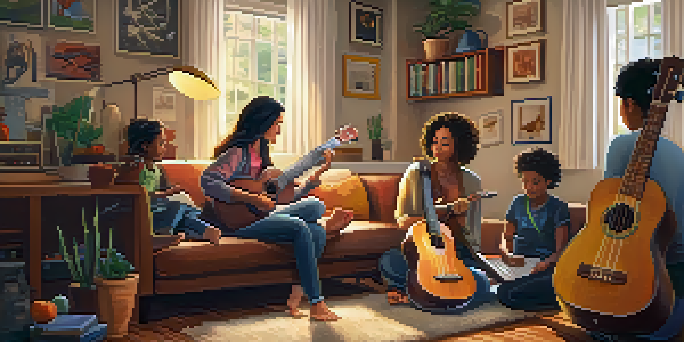 A diverse group of people learning ukulele together online in a cozy home setting, highlighting a warm and inviting atmosphere.