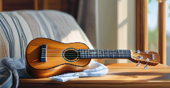 A ukulele on a wooden table with soft natural light, accompanied by a cloth and a brush for maintenance.