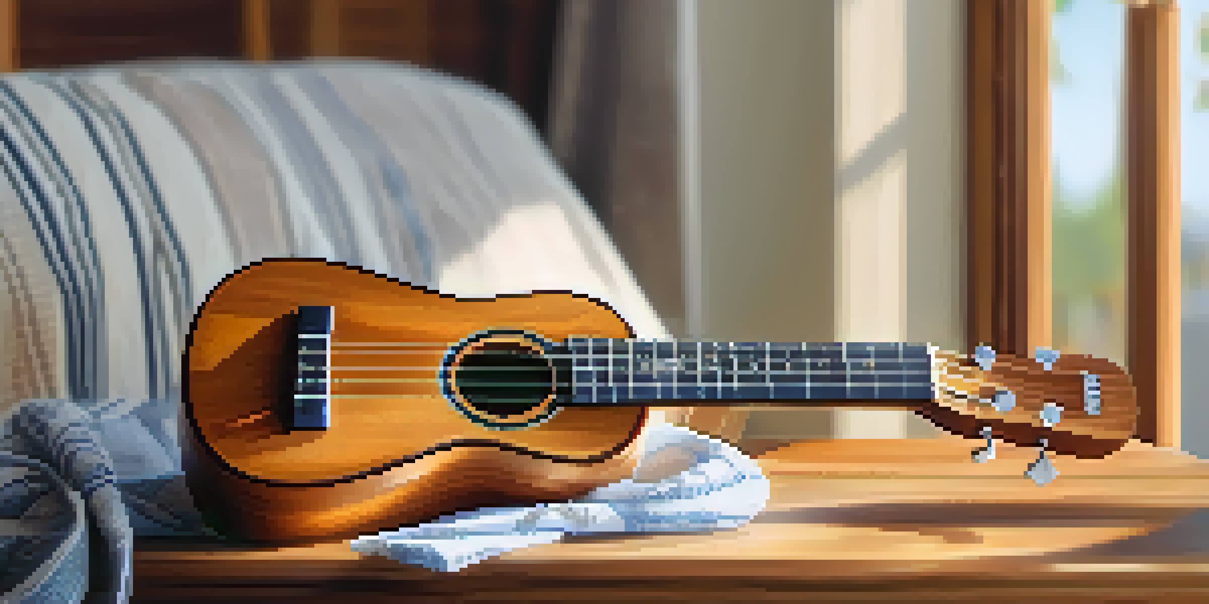 A ukulele on a wooden table with soft natural light, accompanied by a cloth and a brush for maintenance.