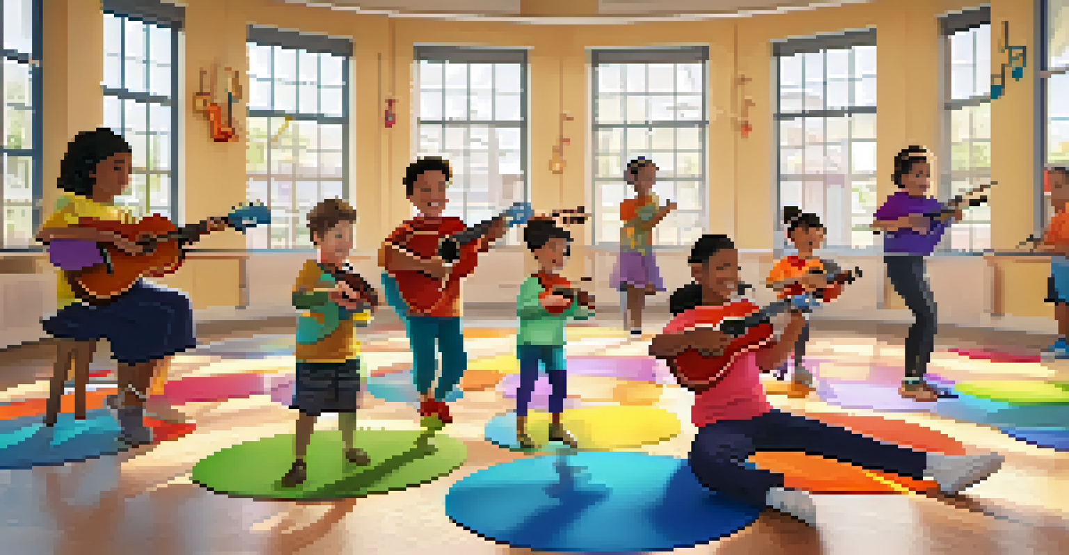 Kids in a music classroom doing warm-up stretches and movements for a ukulele lesson, showing smiles and teamwork.