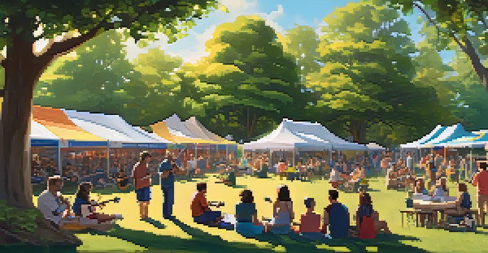 A lively ukulele festival in a park with diverse attendees enjoying music and performances under the sun.