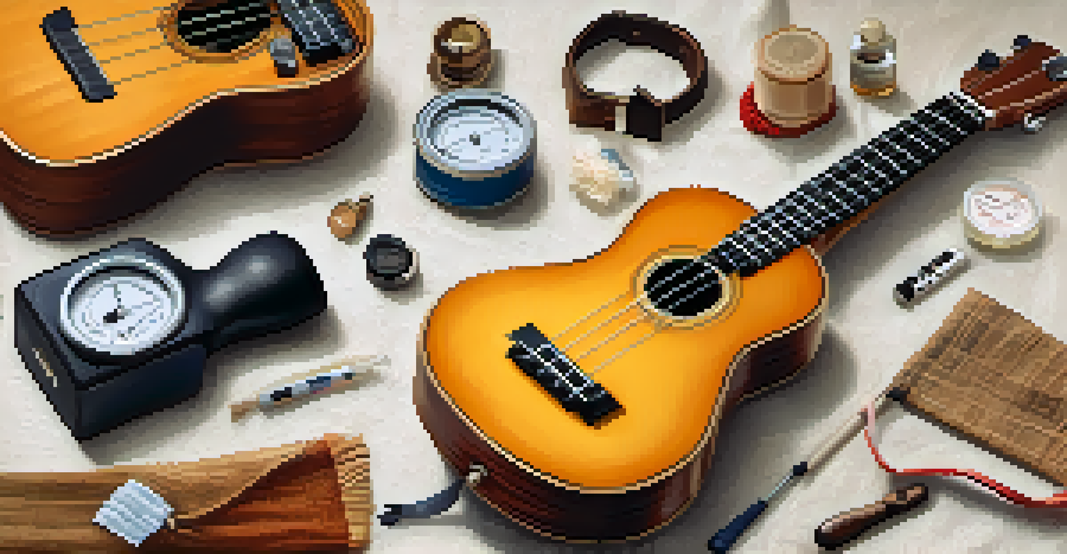 An artistic arrangement of ukulele accessories on a textured fabric.