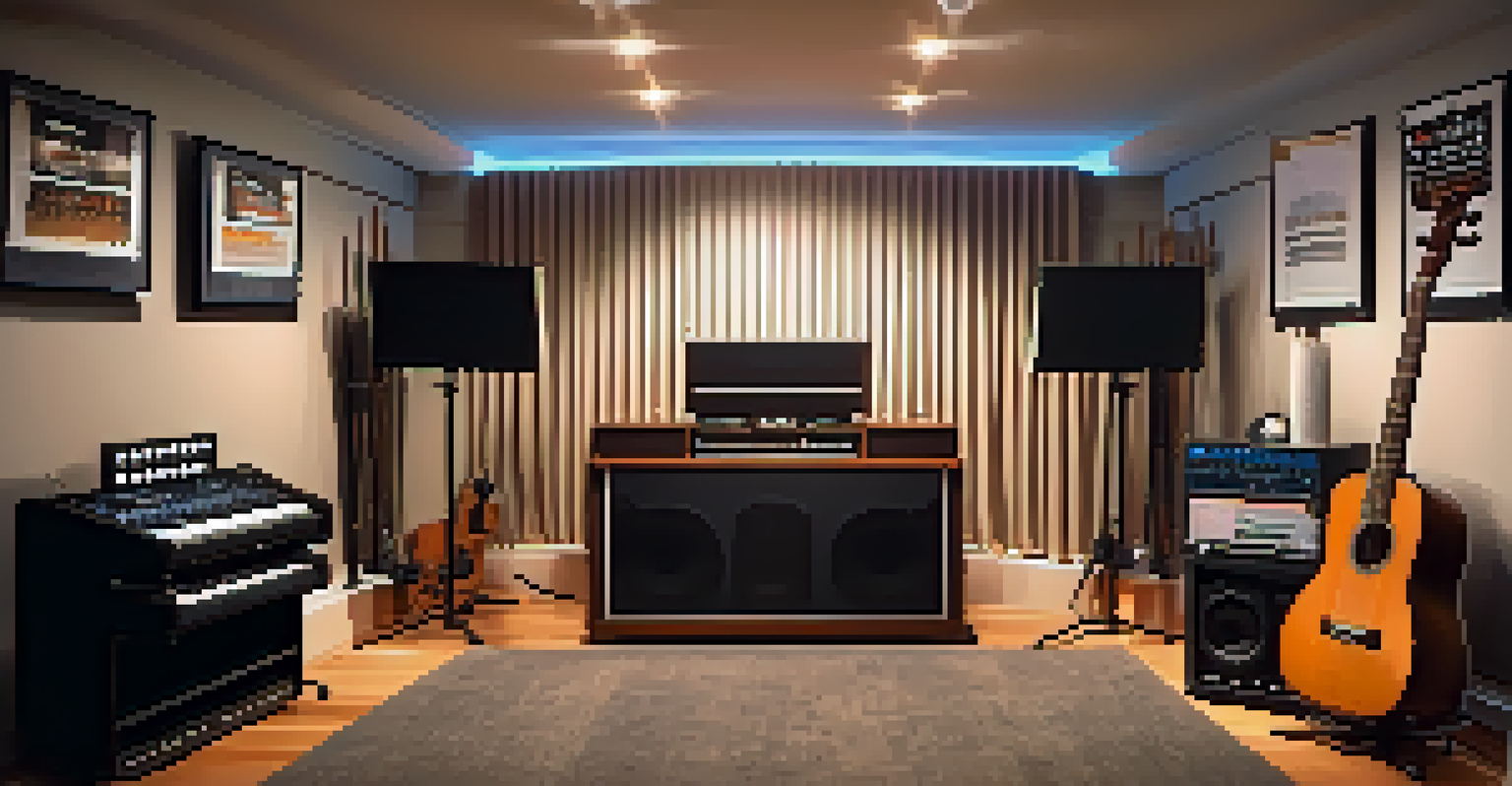An interior view of a recording room with bass traps and diffusers, centered around a ukulele.