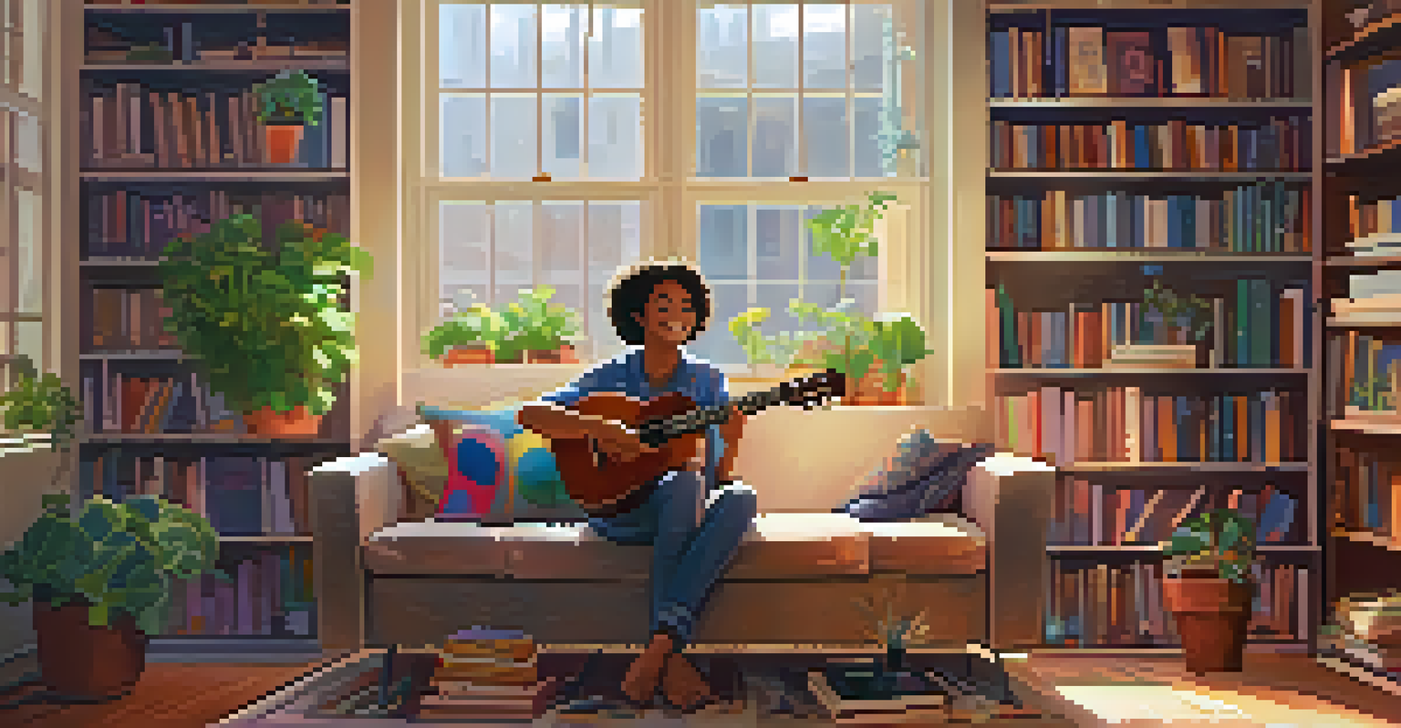 A young person happily playing a ukulele on a couch in a warmly lit room filled with books.