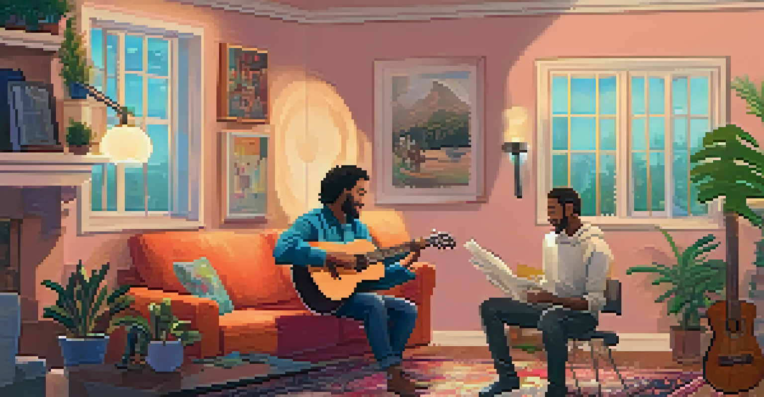 A cozy living room scene with a guitarist and ukulele player performing together, warm lighting, and decorative plants.