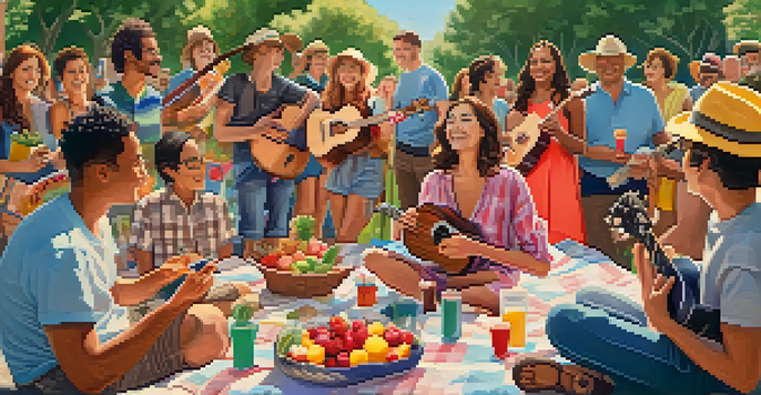 A diverse group of people celebrating International Ukulele Day outdoors, playing ukuleles with joy under a sunny sky, surrounded by colorful decorations and a picnic setup.
