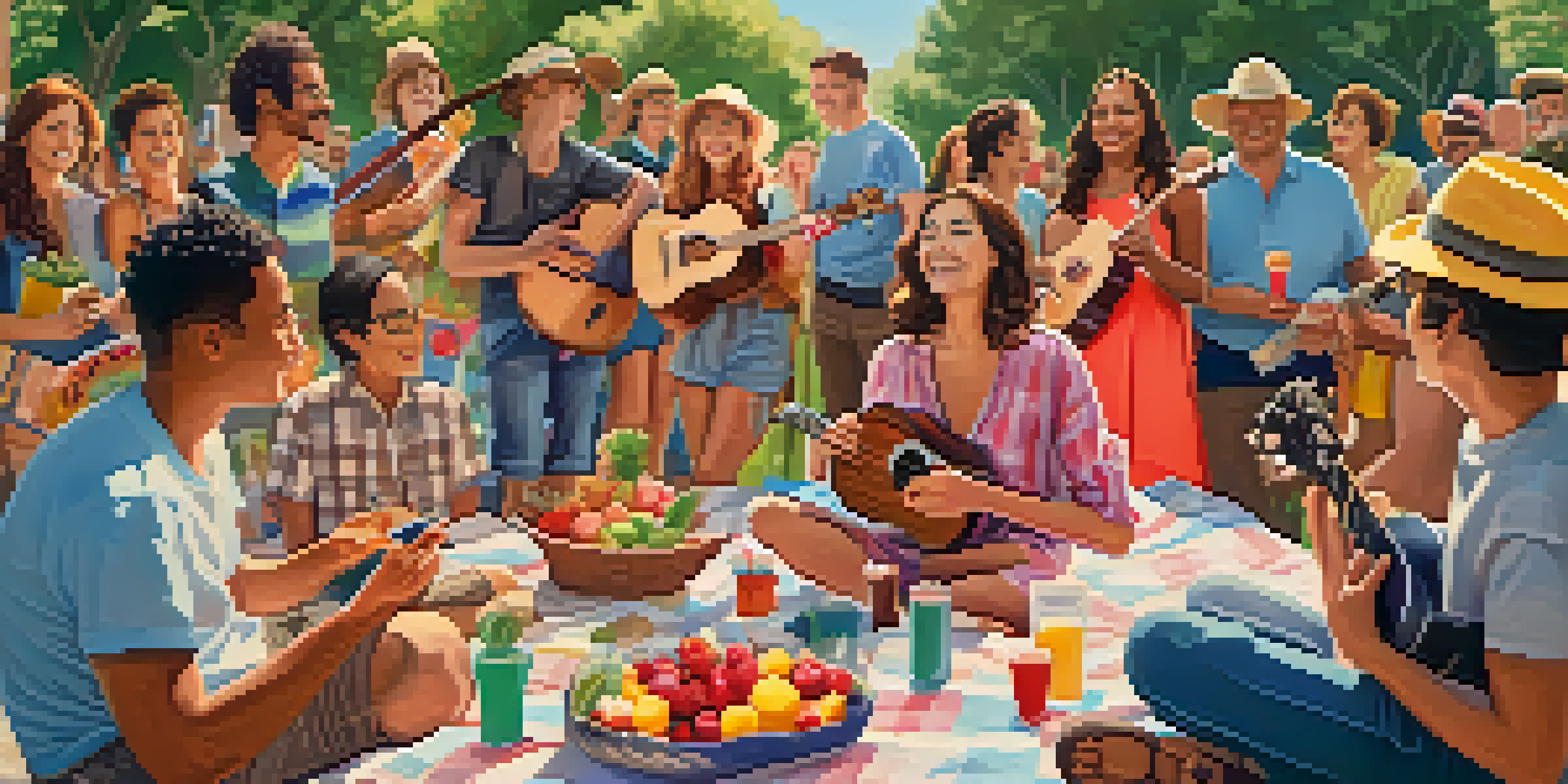A diverse group of people celebrating International Ukulele Day outdoors, playing ukuleles with joy under a sunny sky, surrounded by colorful decorations and a picnic setup.