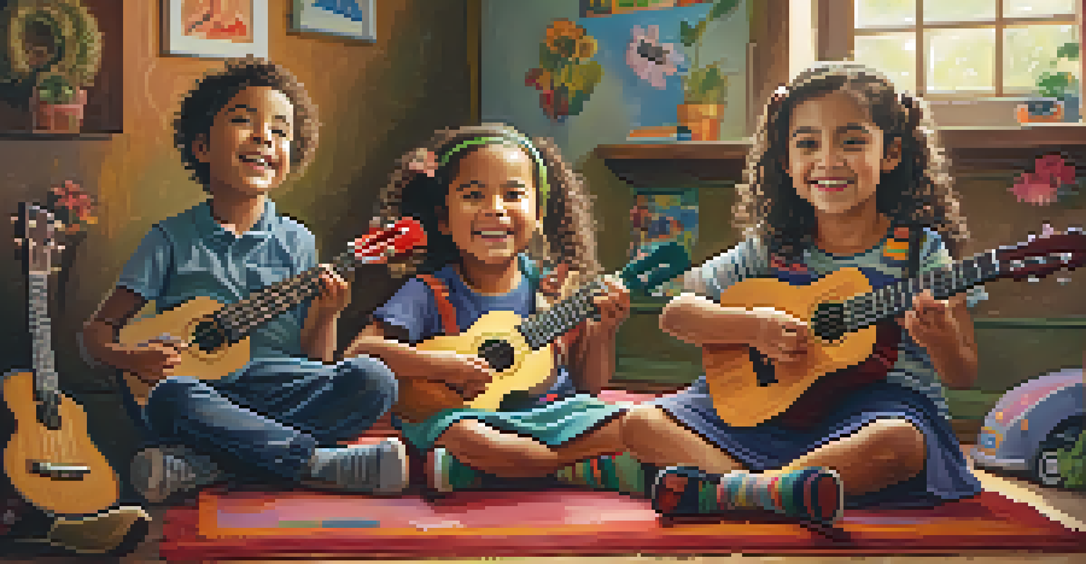 A group of children sitting in a circle with ukuleles, smiling and singing together in a colorful room.