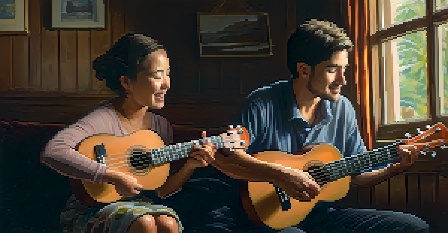Two people learning to play the ukulele together in a warm and cozy environment, showcasing their focused expressions.