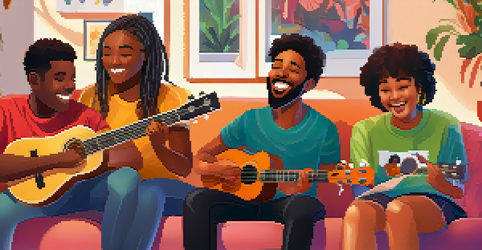 A split-screen image of people in different homes participating in a virtual jam session with ukuleles.