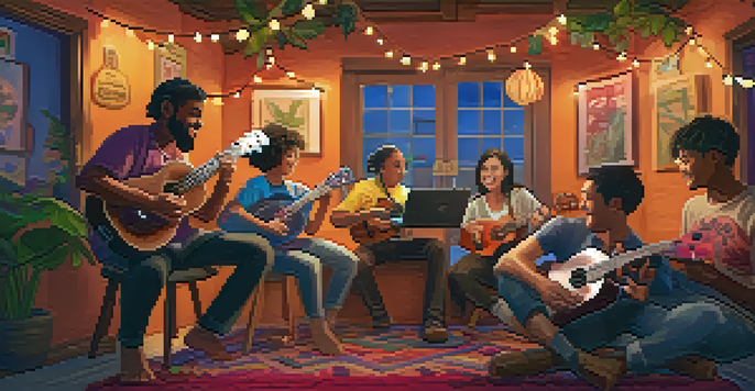 A diverse group of musicians playing ukuleles together online, with warm lighting and colorful decorations.