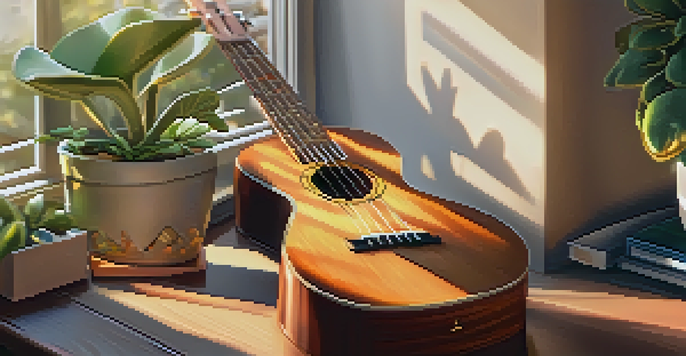 A close-up of a ukulele on a wooden table with sunlight illuminating the scene and a cozy living room in the background.