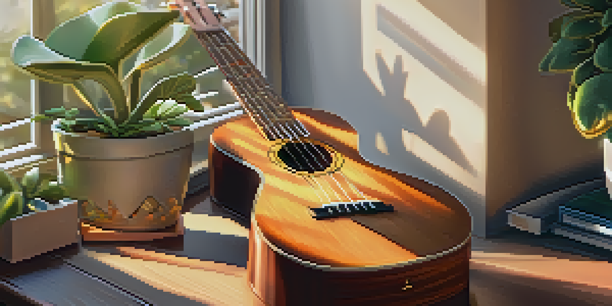 A close-up of a ukulele on a wooden table with sunlight illuminating the scene and a cozy living room in the background.