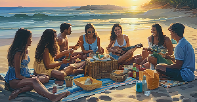 A group of friends on the beach playing ukuleles during sunset, creating a joyful and vibrant atmosphere.