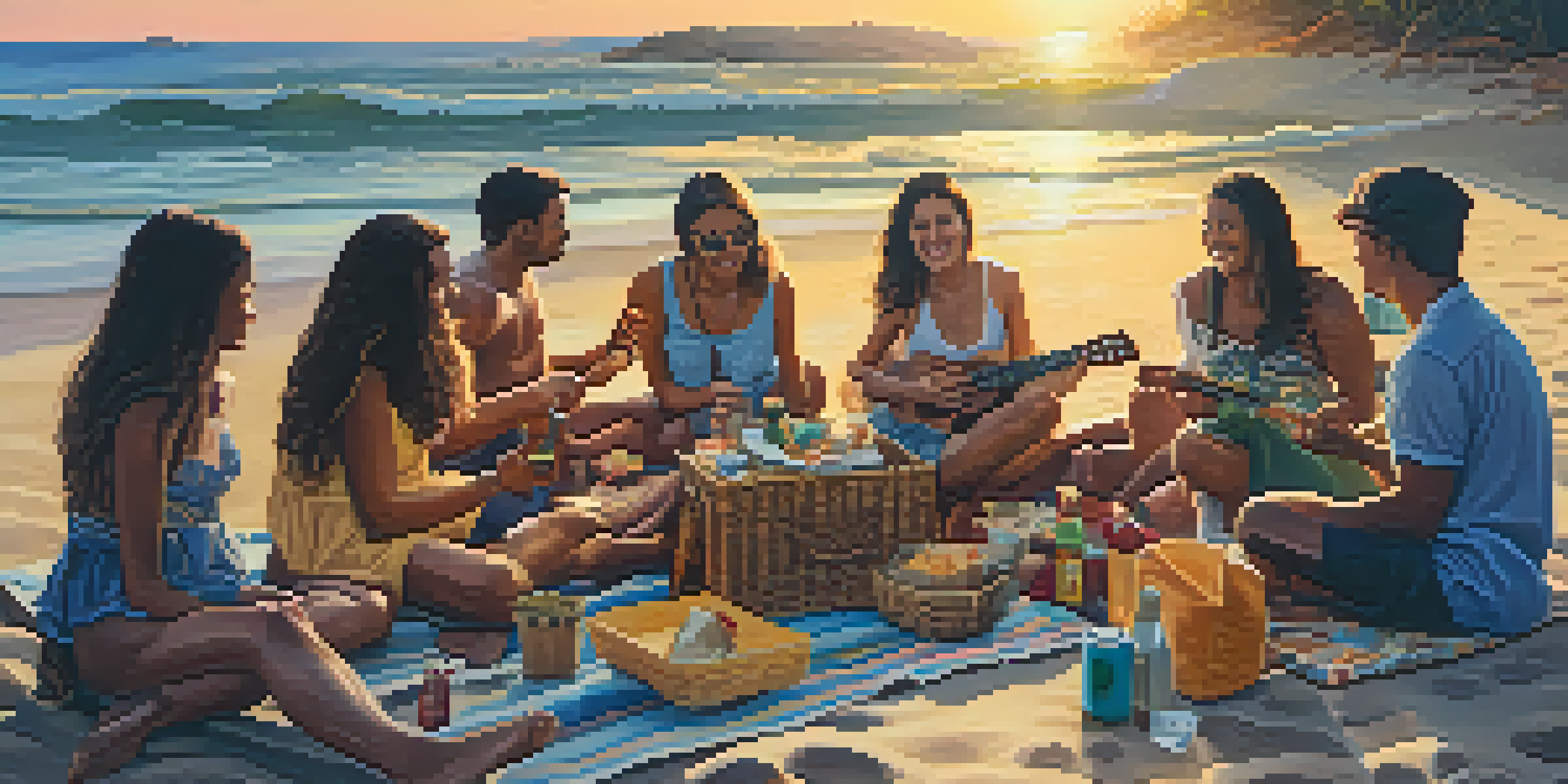 A group of friends on the beach playing ukuleles during sunset, creating a joyful and vibrant atmosphere.