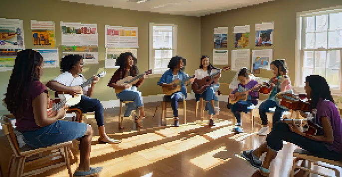 A bright classroom setting where a diverse group of students is participating in a ukulele lesson under the guidance of an instructor, with colorful musical posters in the background.