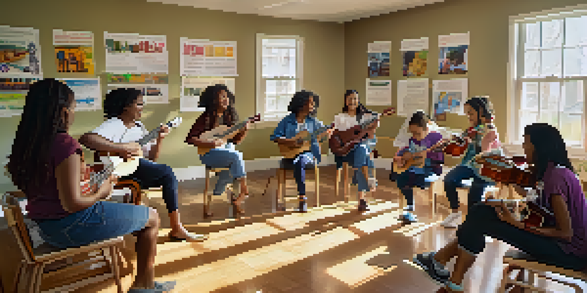 A bright classroom setting where a diverse group of students is participating in a ukulele lesson under the guidance of an instructor, with colorful musical posters in the background.