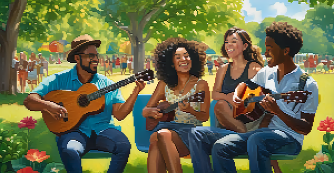 A diverse group of people playing ukuleles in a sunny park, smiling and enjoying a jam session surrounded by trees and flowers.