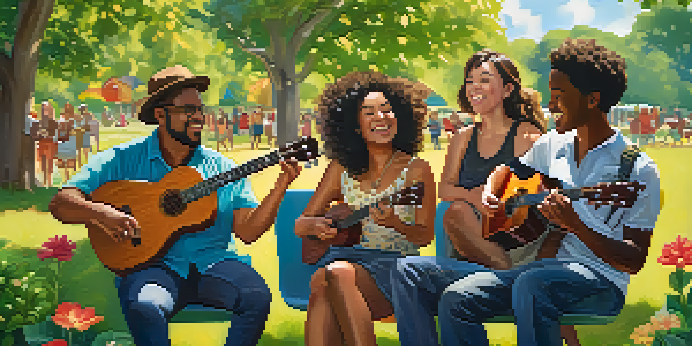 A diverse group of people playing ukuleles in a sunny park, smiling and enjoying a jam session surrounded by trees and flowers.