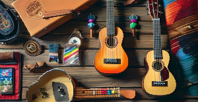 An artistic display of a ukulele surrounded by various accessories like a strap, tuner, and picks, with warm sunlight illuminating the scene.