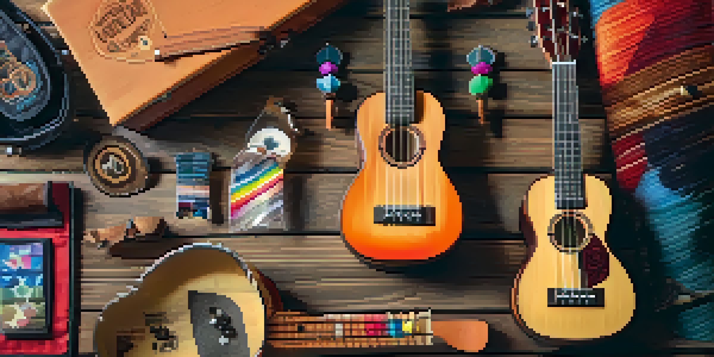 An artistic display of a ukulele surrounded by various accessories like a strap, tuner, and picks, with warm sunlight illuminating the scene.