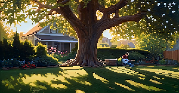 A musician playing a ukulele in a tranquil backyard, surrounded by blooming flowers and soft sunlight filtering through tree leaves.