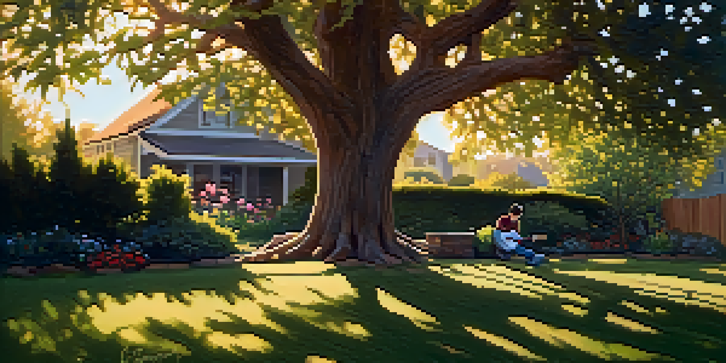 A musician playing a ukulele in a tranquil backyard, surrounded by blooming flowers and soft sunlight filtering through tree leaves.