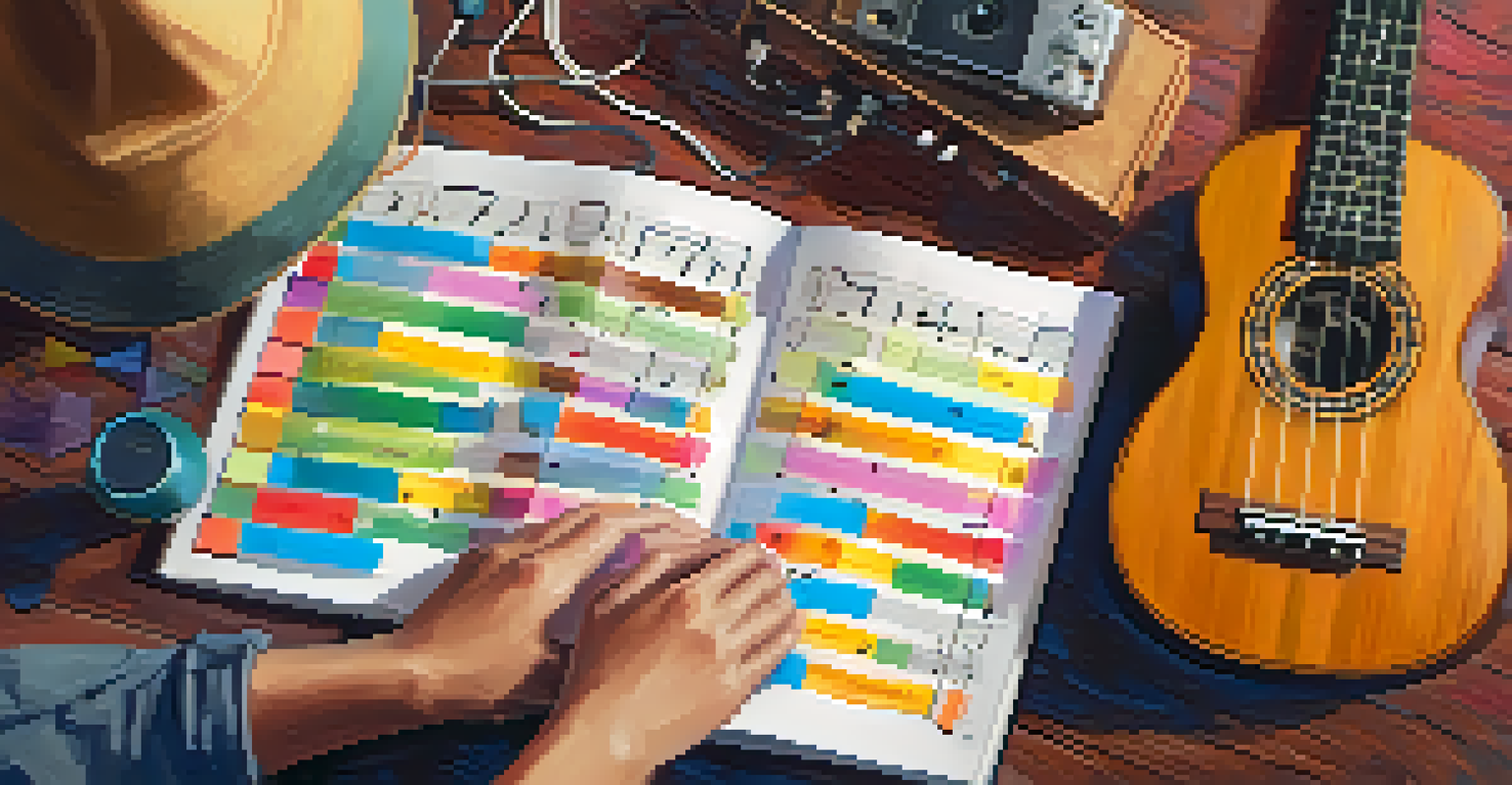 A musician's hands playing a ukulele with colorful chord charts and a digital tuner in a cozy room.