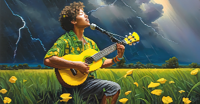 A musician playing a bright yellow ukulele in a vibrant outdoor scene with a stormy sky and lightning strikes.