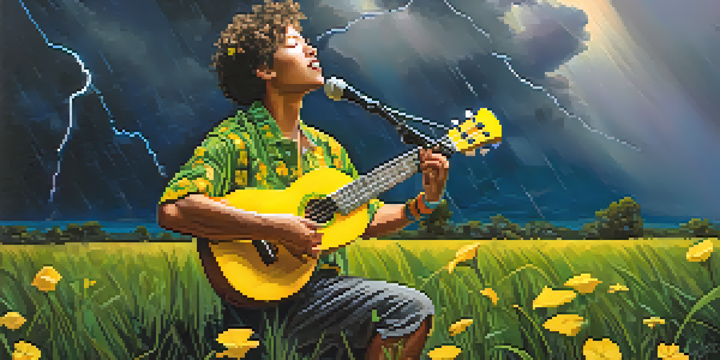A musician playing a bright yellow ukulele in a vibrant outdoor scene with a stormy sky and lightning strikes.