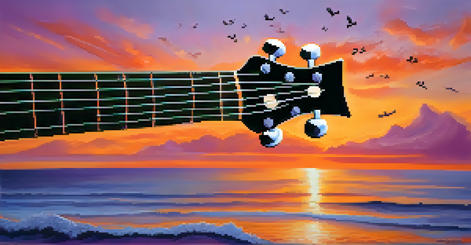 A hand pressing the strings of a ukulele with floating musical notes and a colorful sunset background.