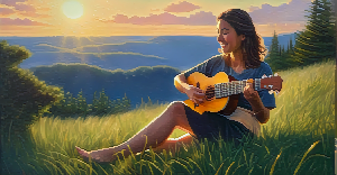 A person sitting on a grassy hill playing a ukulele during sunset, with a joyful expression.