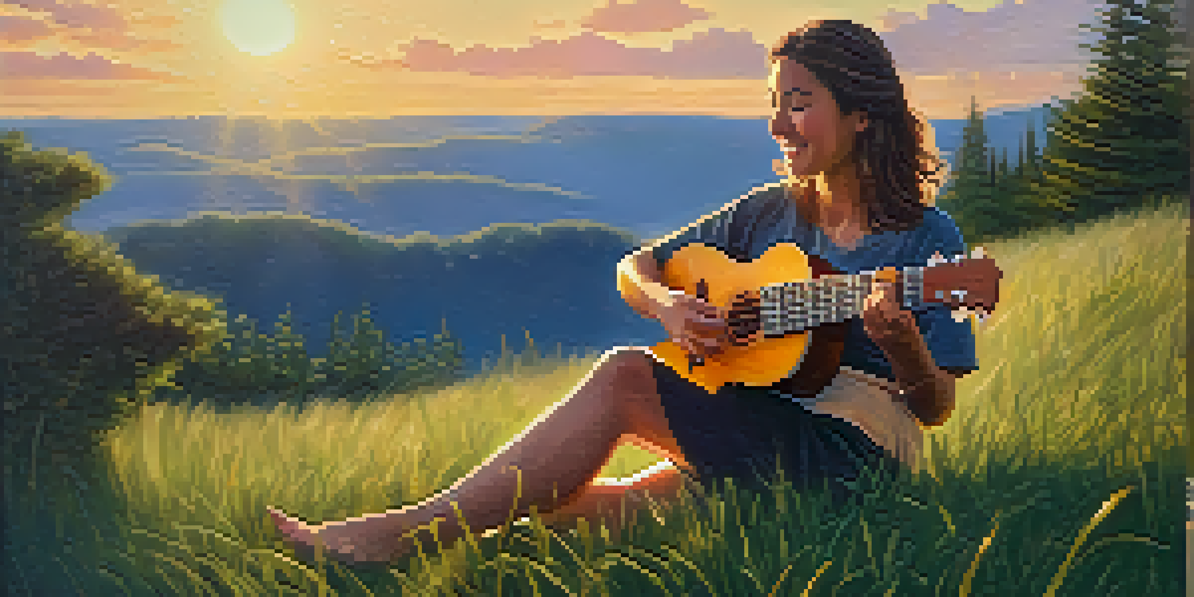A person sitting on a grassy hill playing a ukulele during sunset, with a joyful expression.