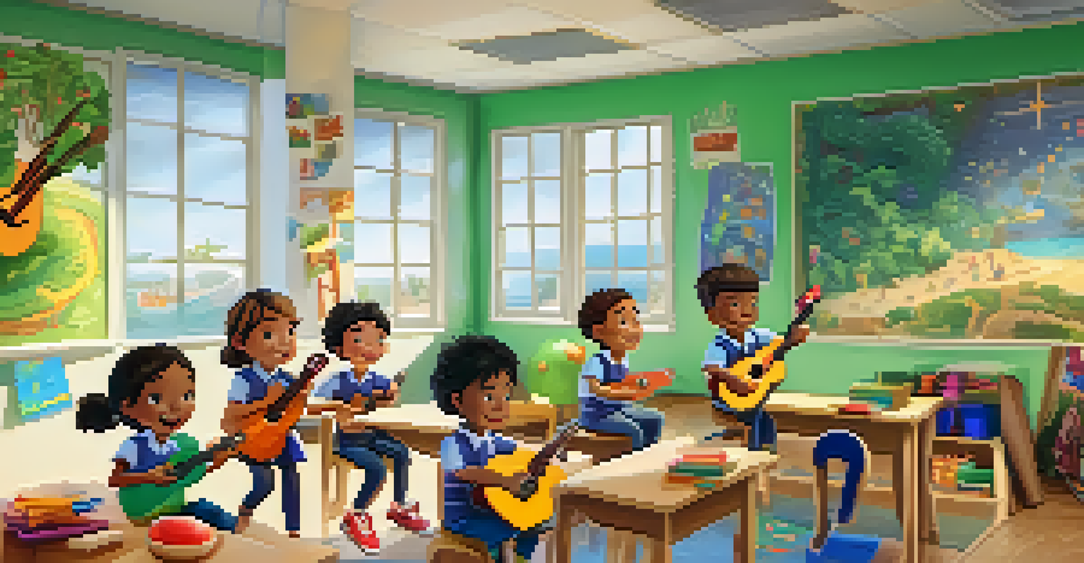 Children in a colorful classroom strumming ukuleles and sharing stories, with a teacher guiding them and sunlight streaming through the windows.