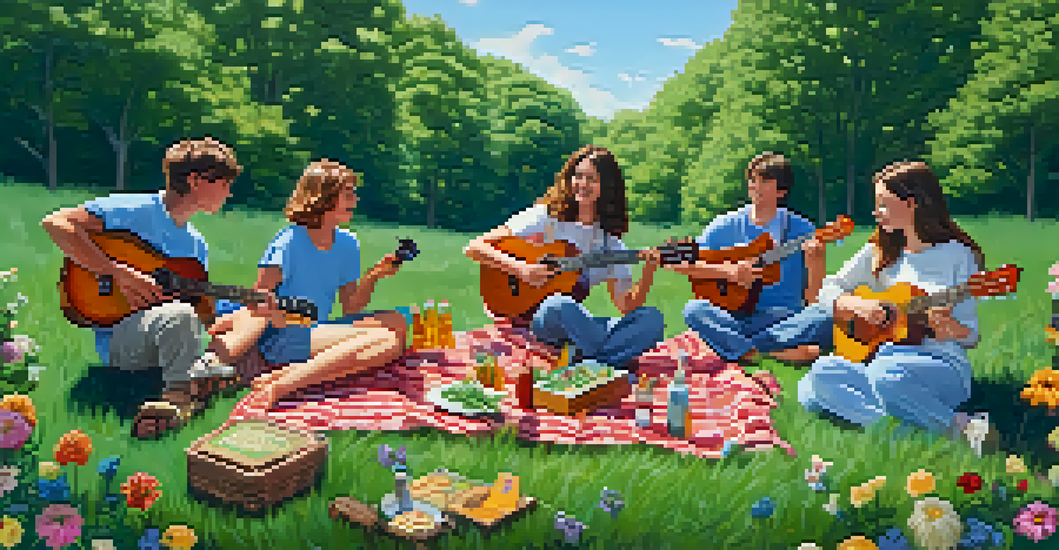 A group of teenagers having a fun outdoor jam session with ukuleles, surrounded by nature on a sunny day.