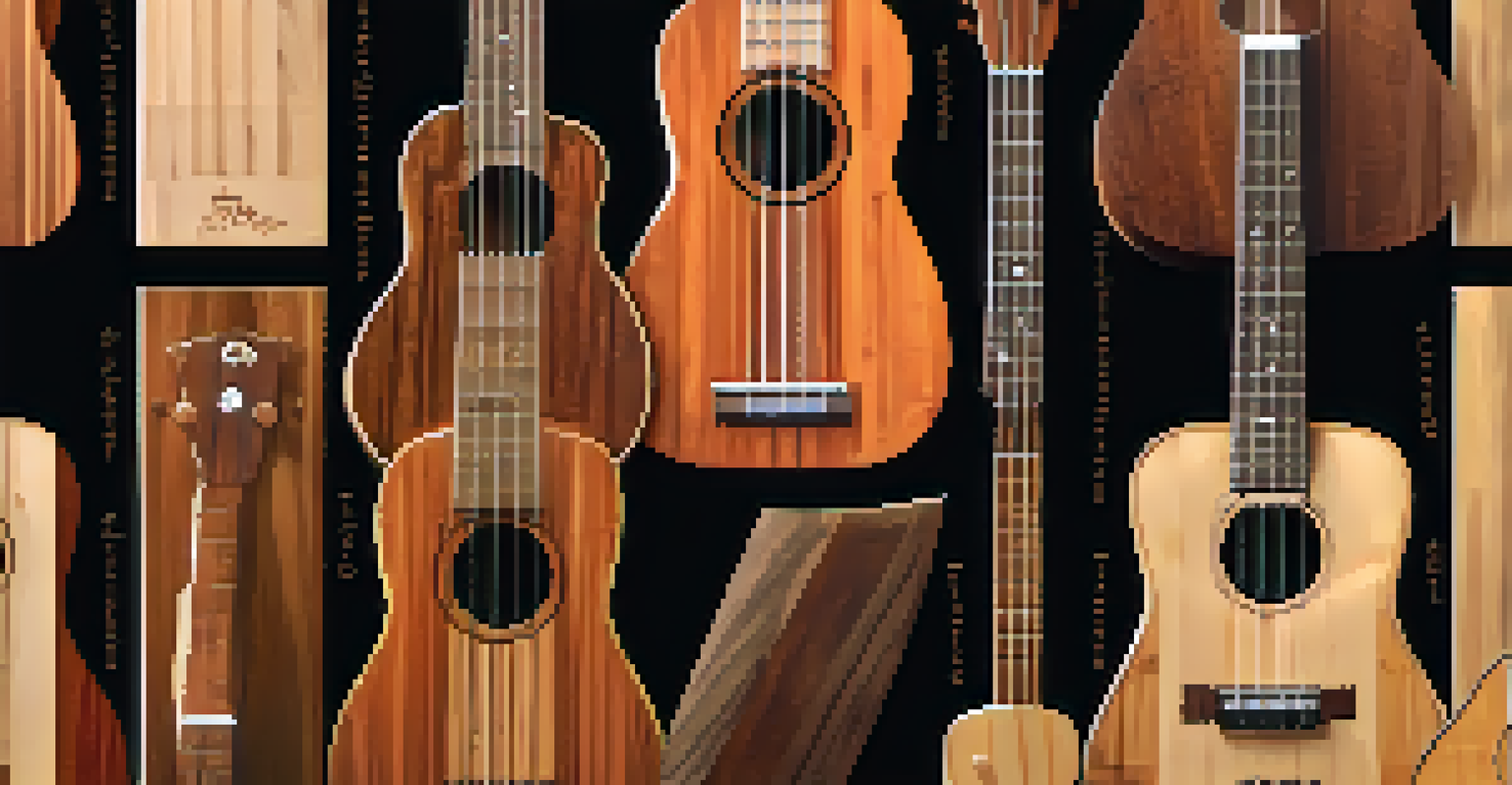 An artistic display of different tonewoods for ukulele construction on a rustic wooden table, showcasing their textures and colors.